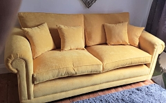 Sofa upholstered in a yellow velvet for client in Wanstead