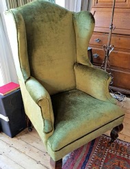 Wing chair upholstered in Wemyss velvet for a client in Woodford